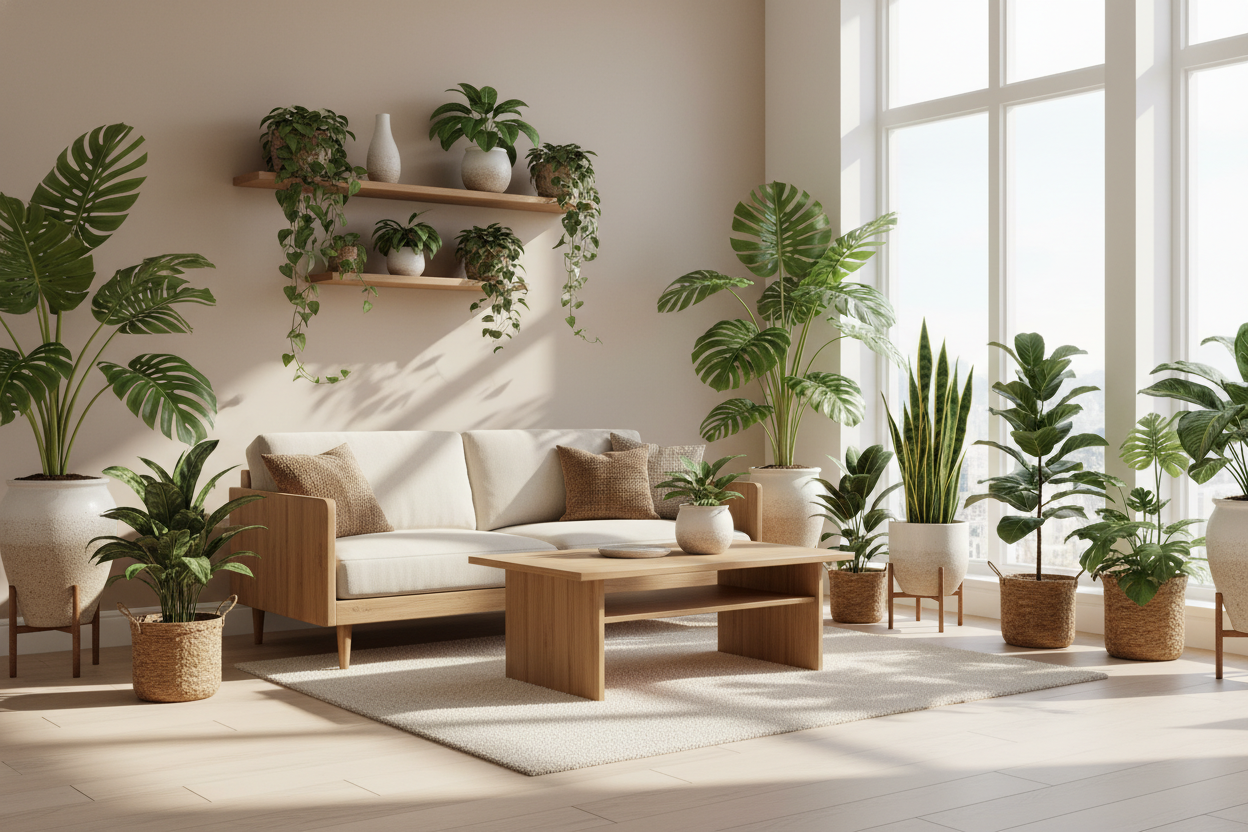 A cozy modern living room filled with indoor plants and natural sunlight.

Soft beige walls, wooden furniture, green leaves, and elegant planters on shelves.

Style: Bright, airy, peaceful, and minimal.
create a banner for my website
